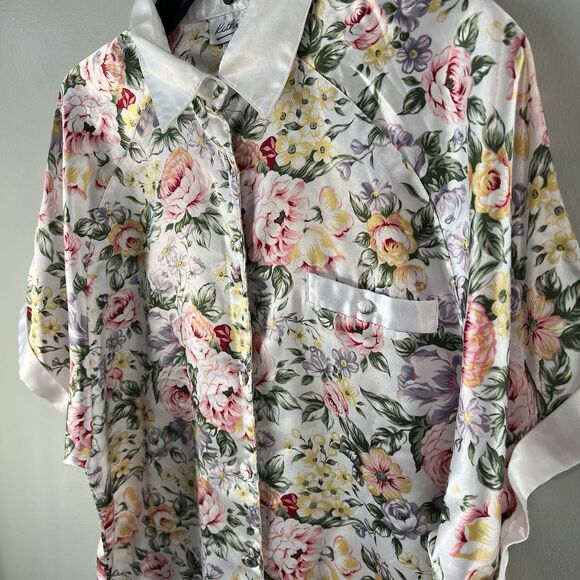 Kathryn Floral Satin Button Front Lined Sleep shirt Night gown, size est‎ L - Picture 4 of 16